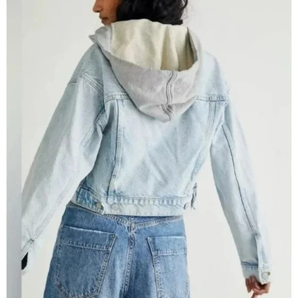 We the Free People Brando Denim Hoodie Jacket Malta Acid Wash Size XS Cropped - Picture 7 of 13